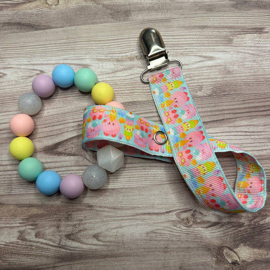 Pink monster Teether + Clip set