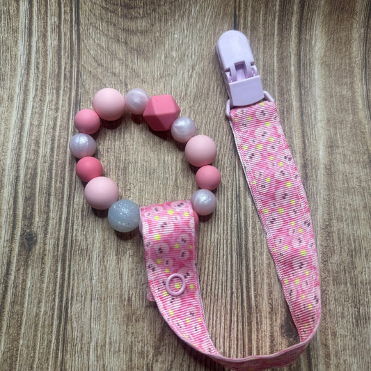 Pink puff Teether + Clip set